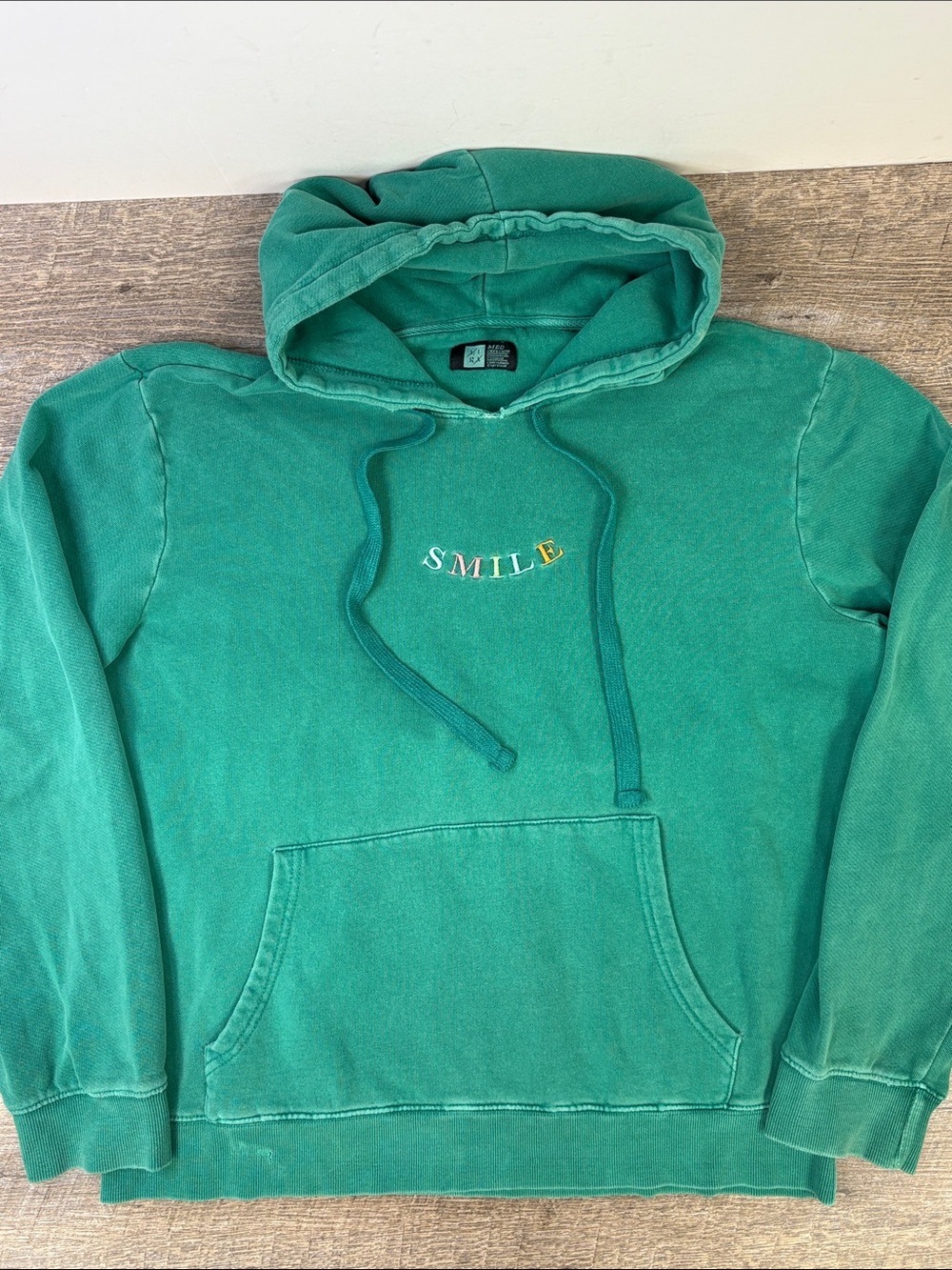 Lira Green Vintage Wash “SMILE” Embroidered Hoodie Unisex Size Medium